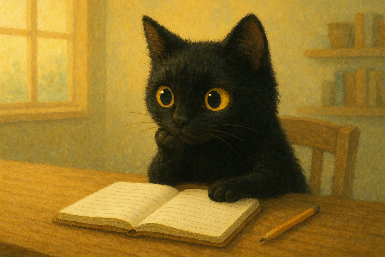 勉強している黒猫の画像