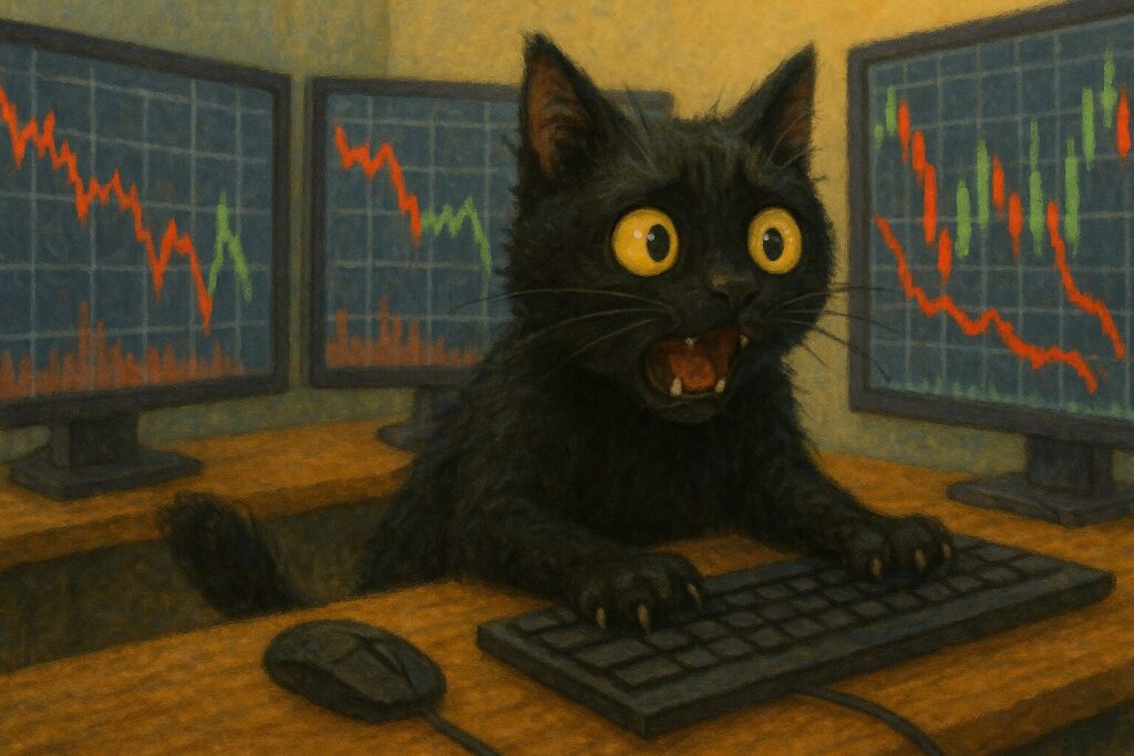 乱高下するチャートに焦っている黒猫の画像です
