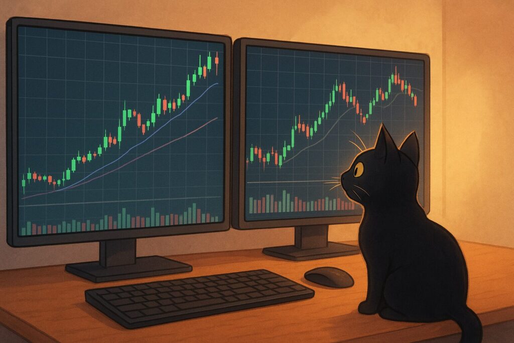 黒猫がFXのチャートをマルチモニター環境で見ている様子の画像です。