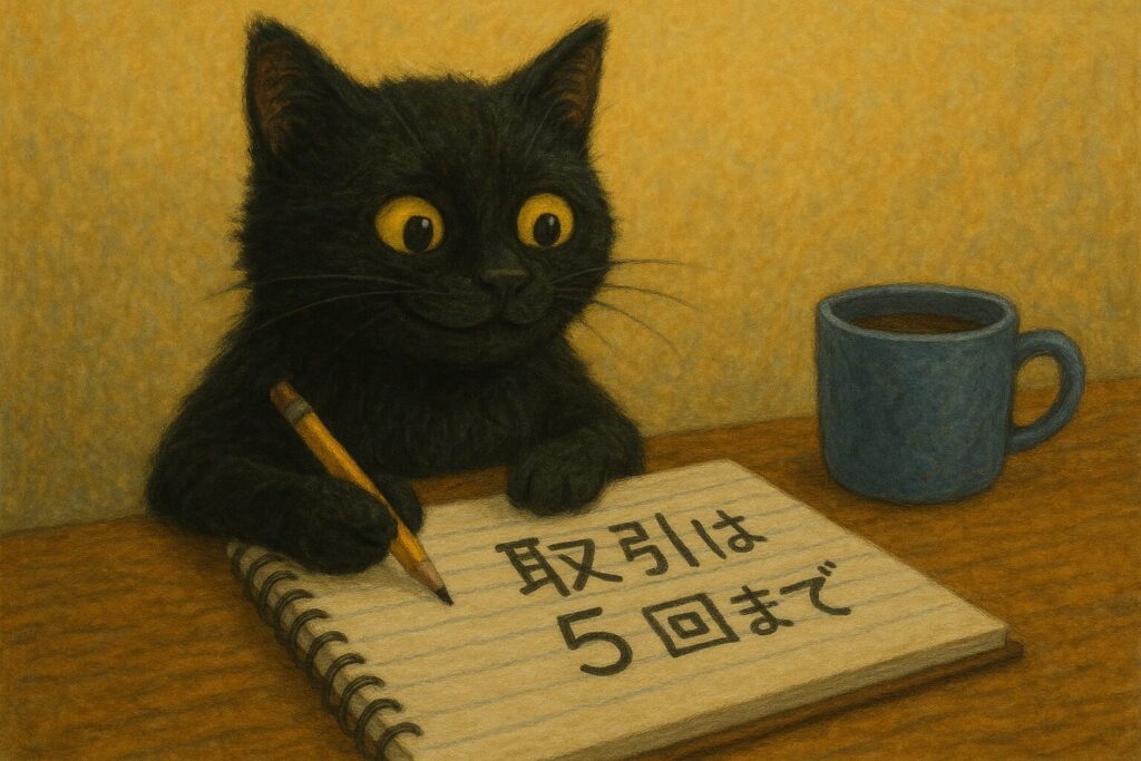取引は５回までというルールをノートに書いている黒猫の画像です
