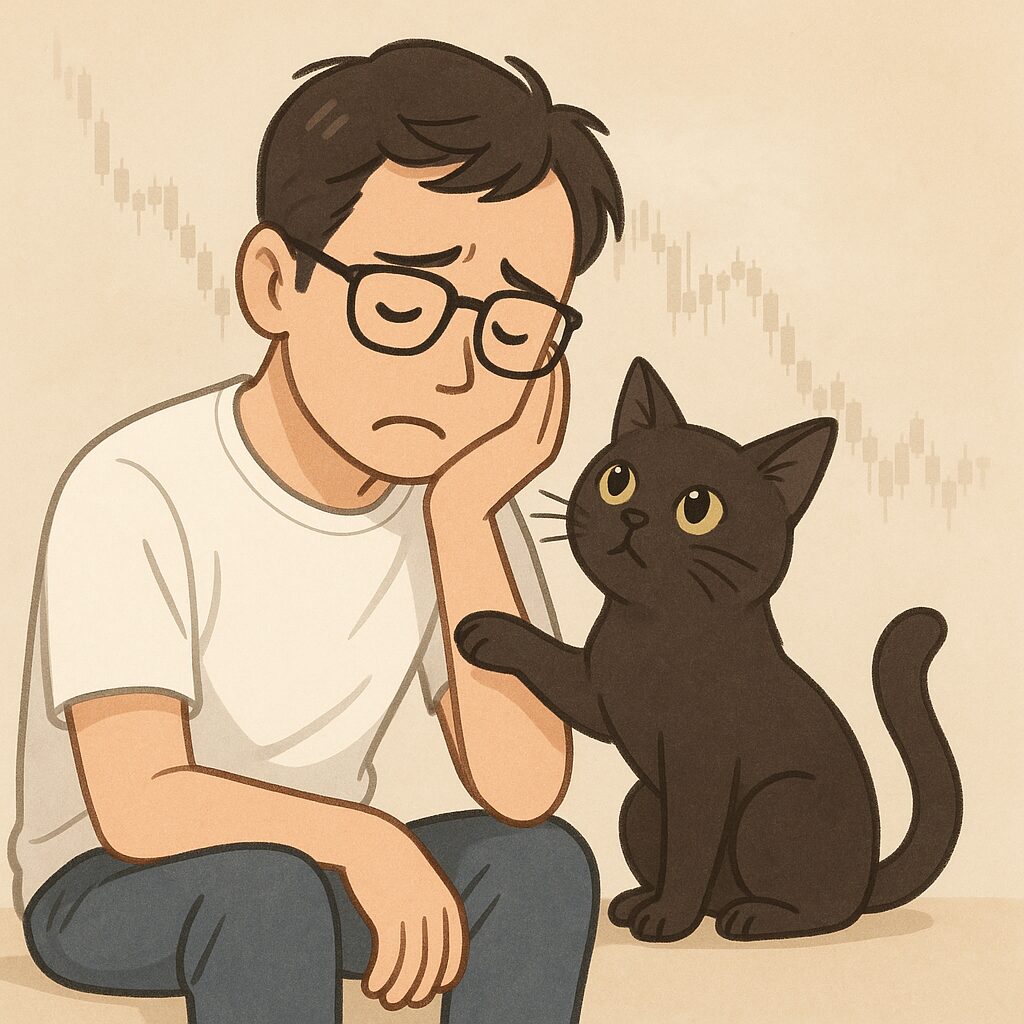 ミニマリストの男性をなぐさめている黒猫の画像です