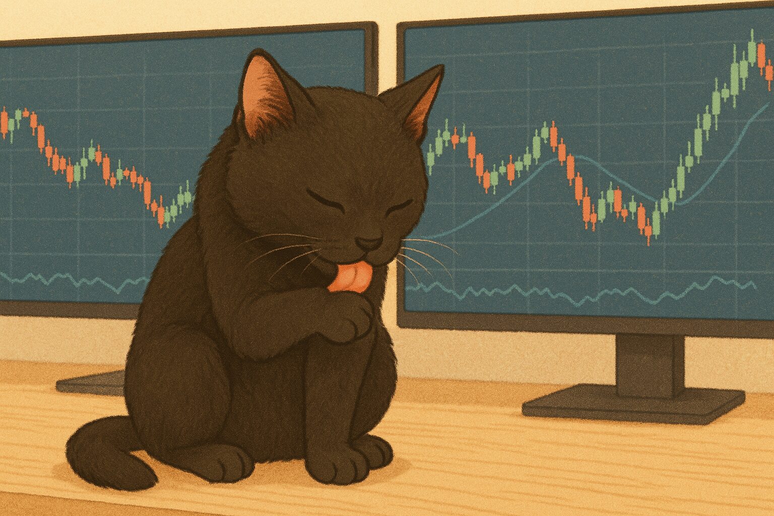 毛づくろいをしている黒猫の画像です