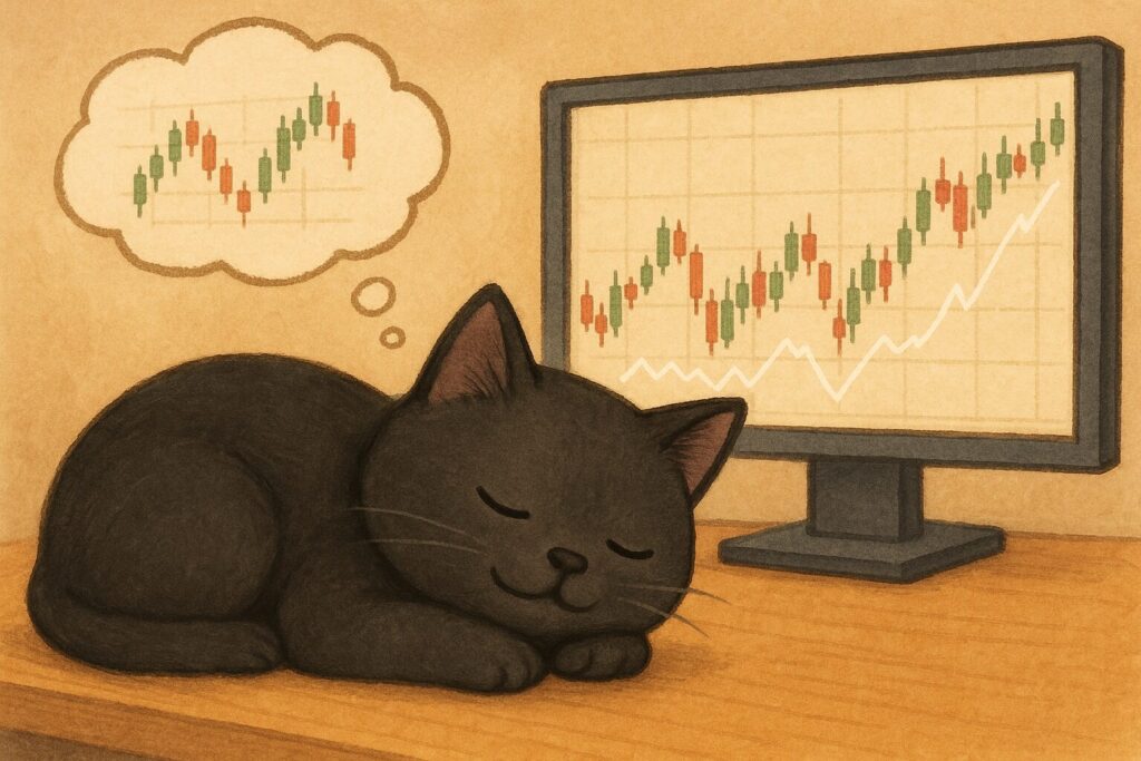 トレードの夢を見ながら寝ている黒猫の画像です