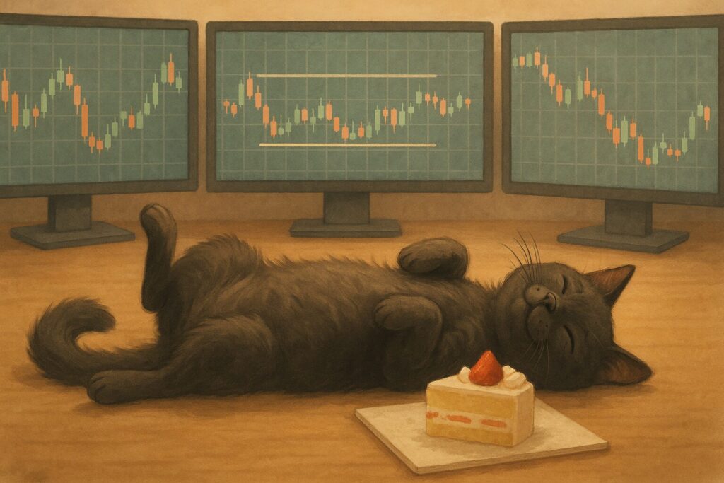 モニターの前でヘソ天で寝ている黒猫の画像です