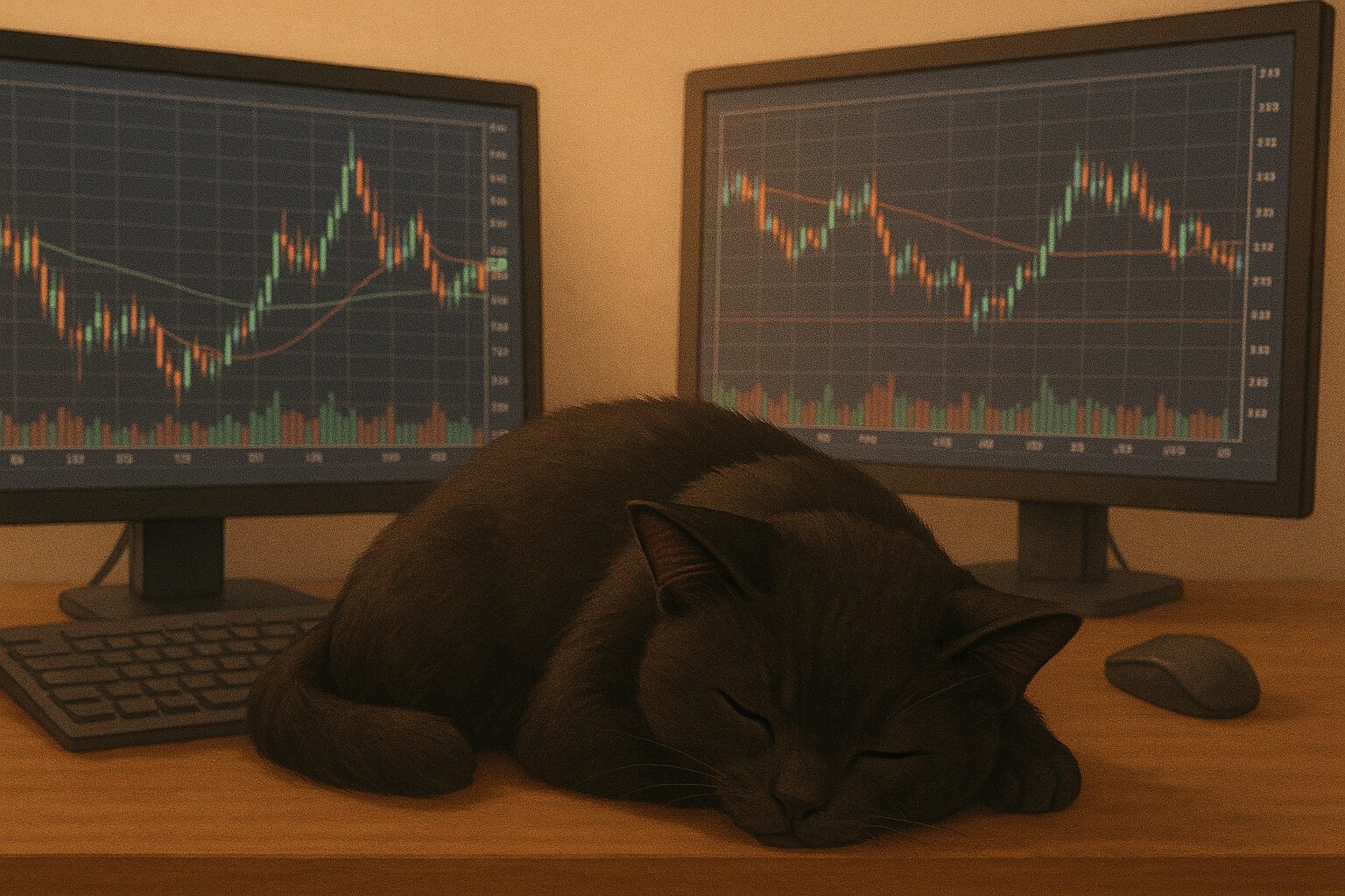 モニターの前で寝てしまった黒猫の画像です