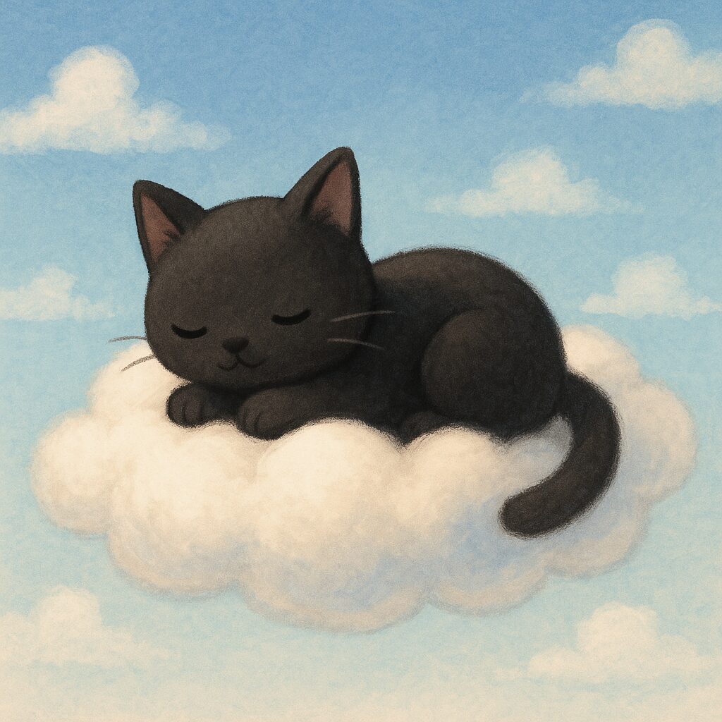 雲に乗っている黒猫の画像です