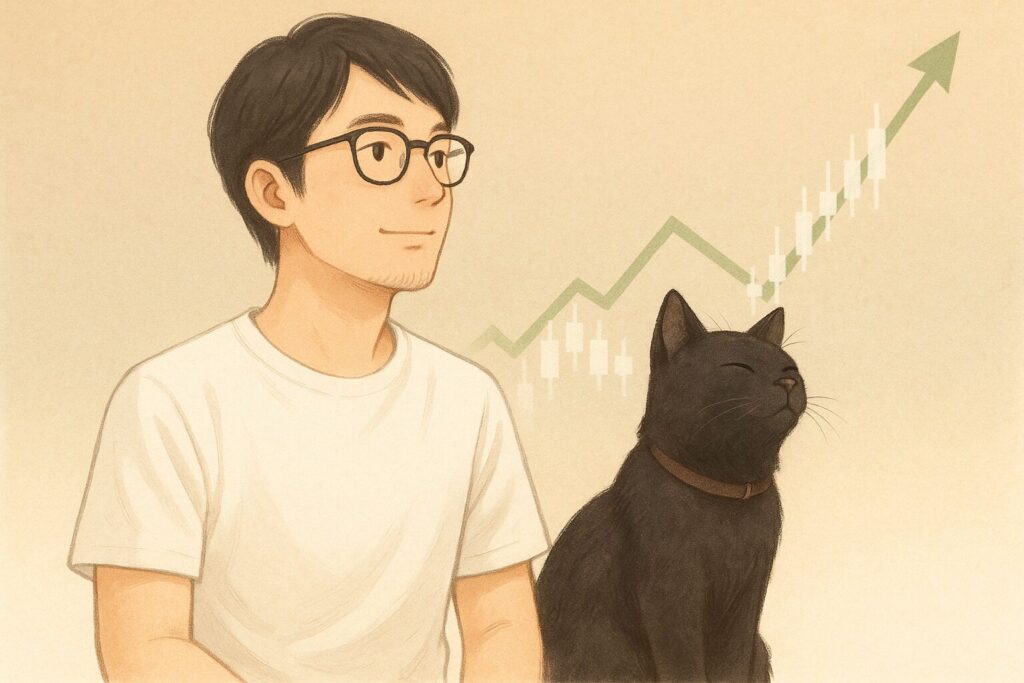 黒猫と40代男性の画像です
