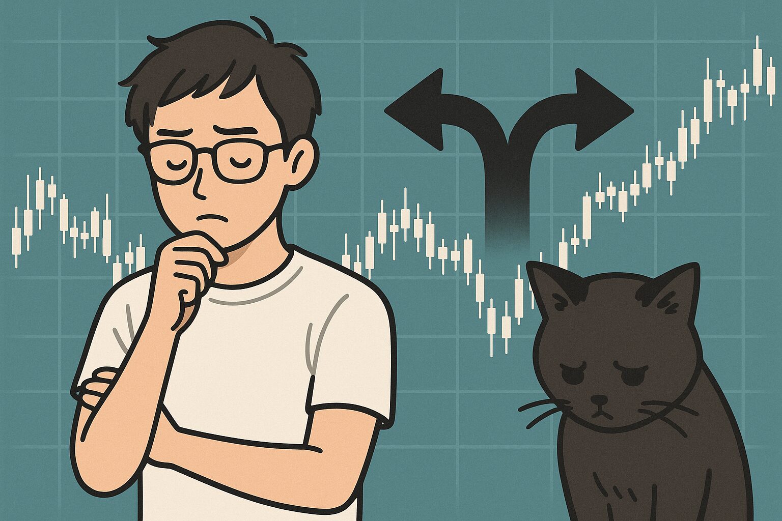 考えている男性と黒猫の画像です