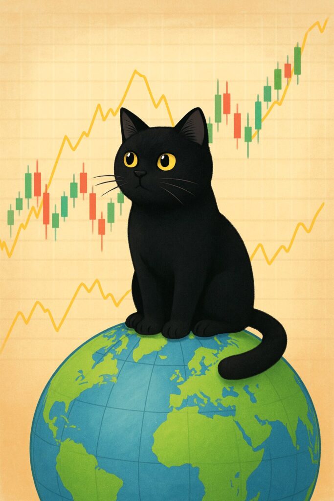 地球儀に乗る黒猫の画像です