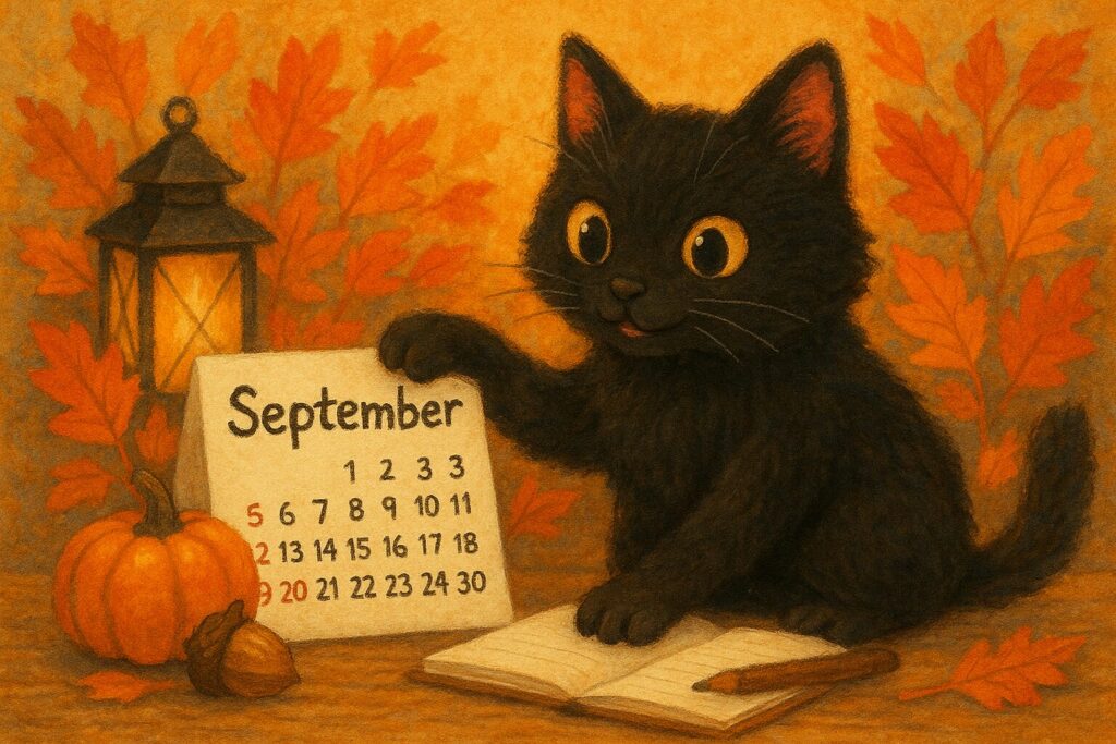 9月のカレンダーを見ている黒猫の画像です。