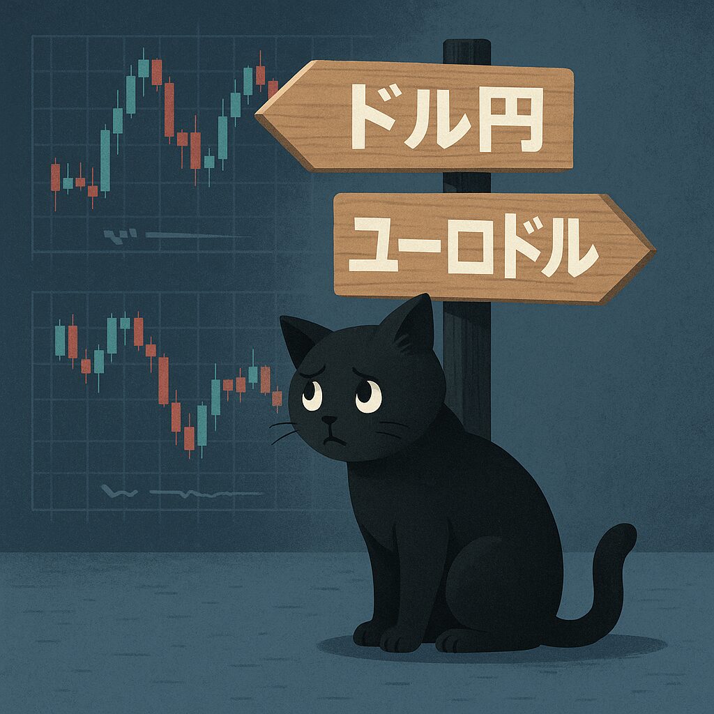 どちらに行くのか迷っている黒猫の画像です