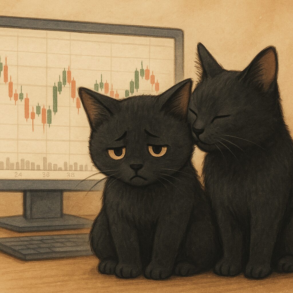 慰めてもらっている黒猫の画像です