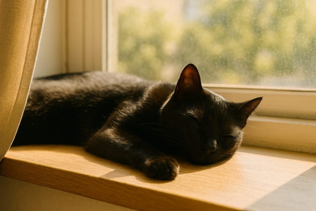 お昼寝している黒猫の画像です