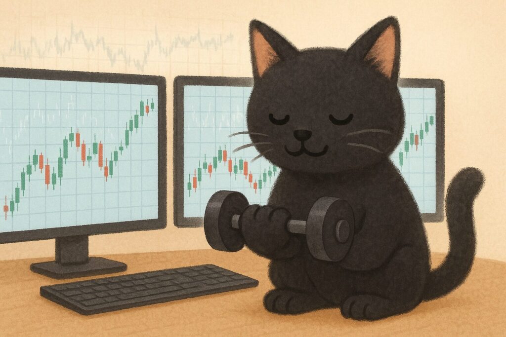 筋トレをする黒猫の画像です