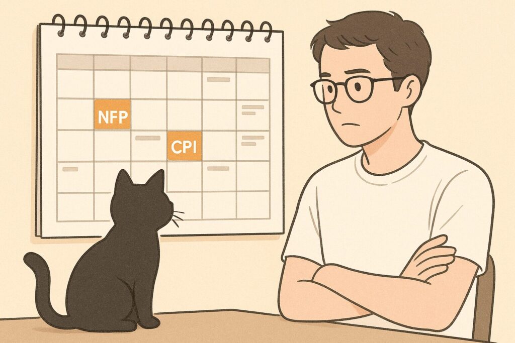 今週の予定を確認するミニマリストの男性と黒猫の画像です