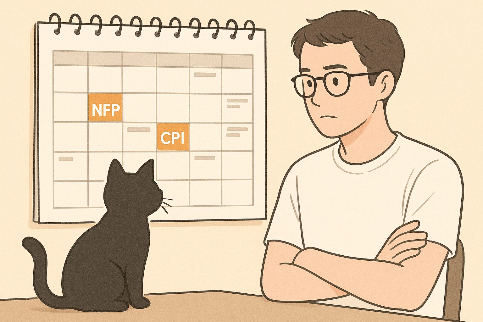 今週の予定を確認するミニマリストの男性と黒猫の画像