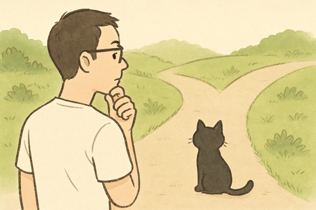 道に迷う男性と黒猫の画像です
