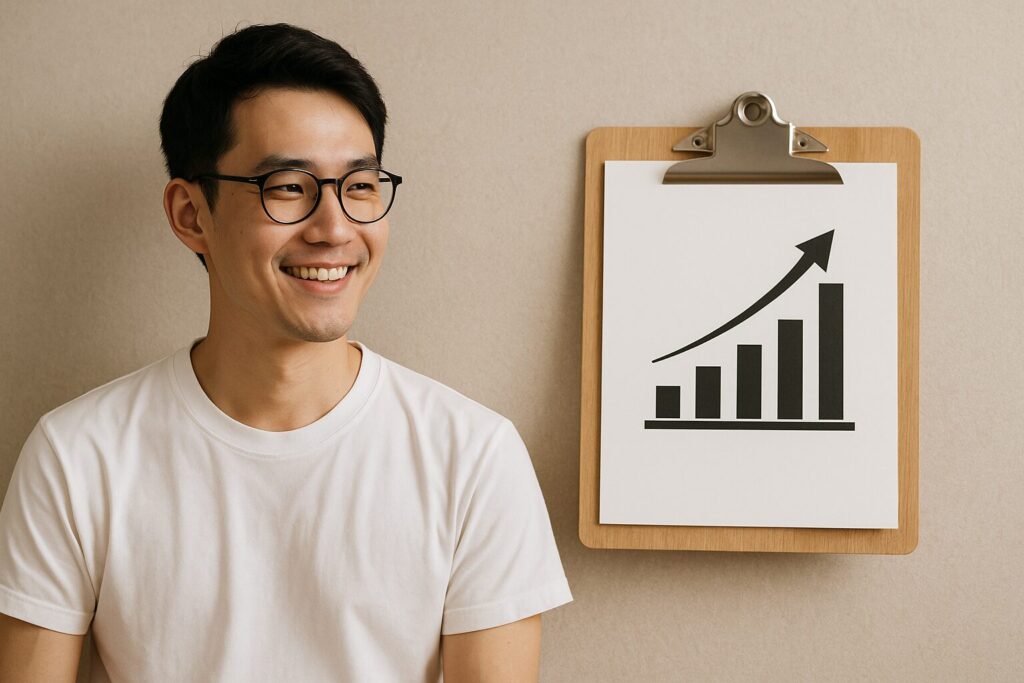 上昇するチャートを見て笑顔のミニマリストの男性の画像です