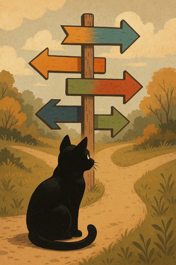 岐路にいる黒猫の画像です