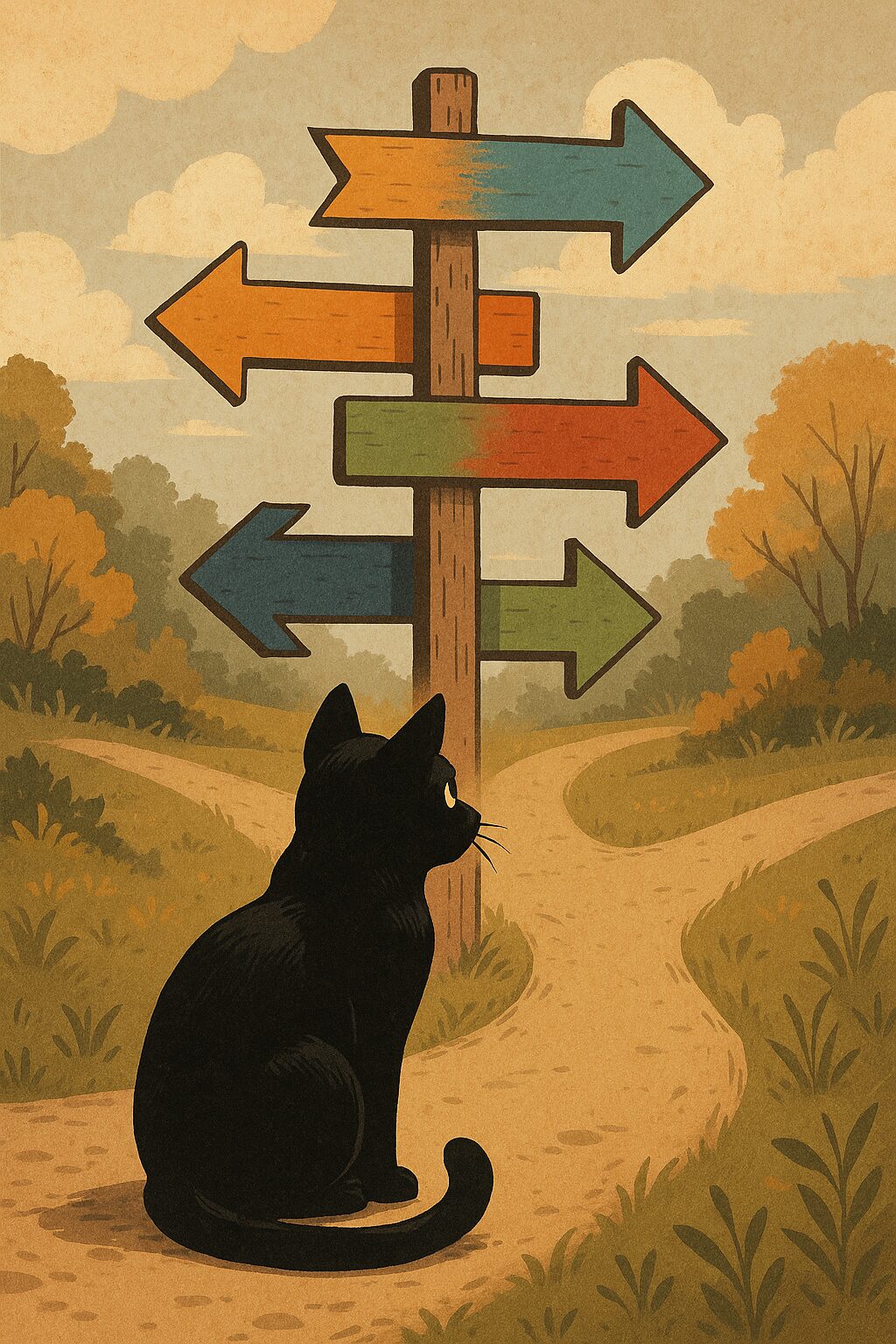 岐路にいる黒猫の画像です