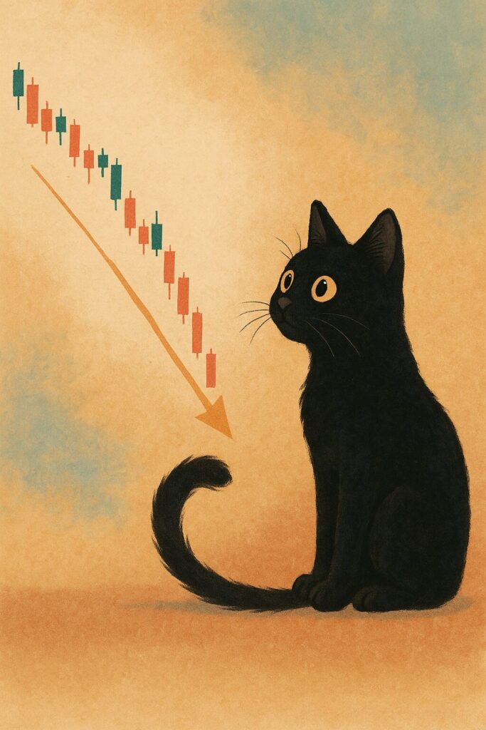 下落するチャートと黒猫の画像です