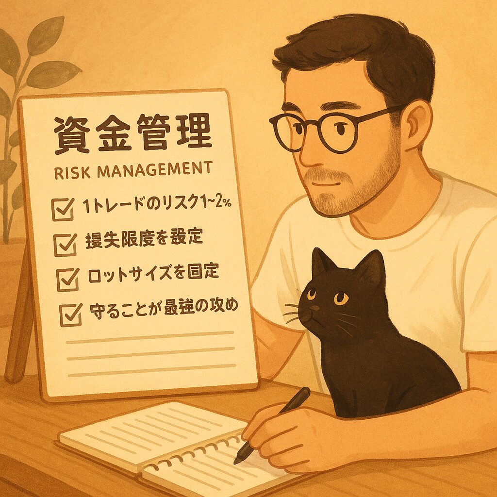 資金管理を勉強するミニマリストの男性と黒猫の画像です
