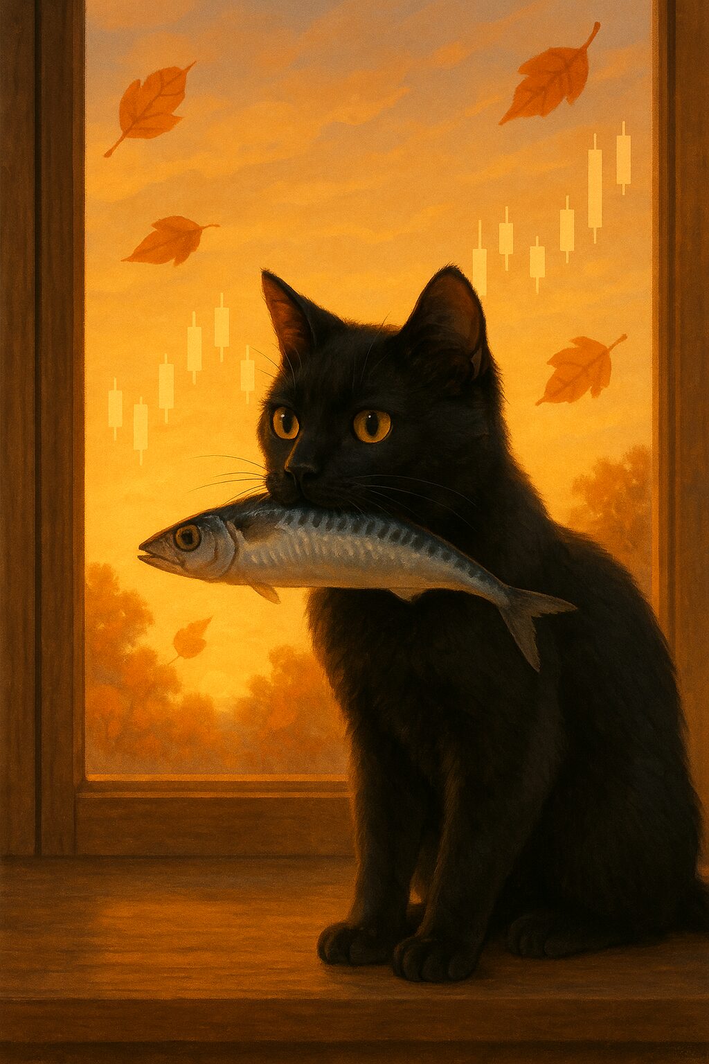 秋刀魚をくわえる黒猫の画像です