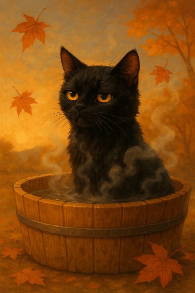 お風呂に入れられて不機嫌な黒猫の画像