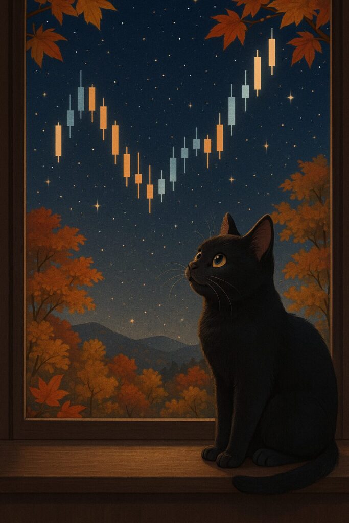 秋の夜空と黒猫の画像です