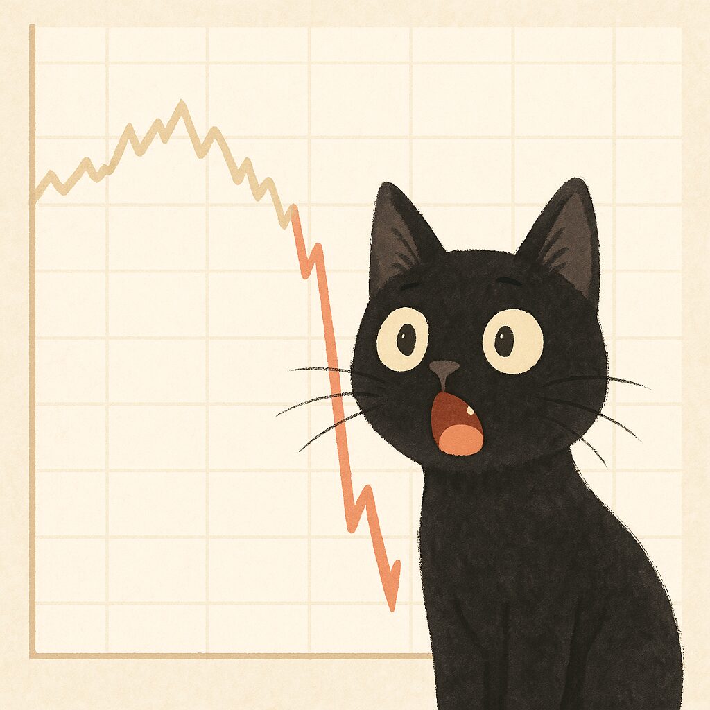 急落に驚く黒猫の画像です