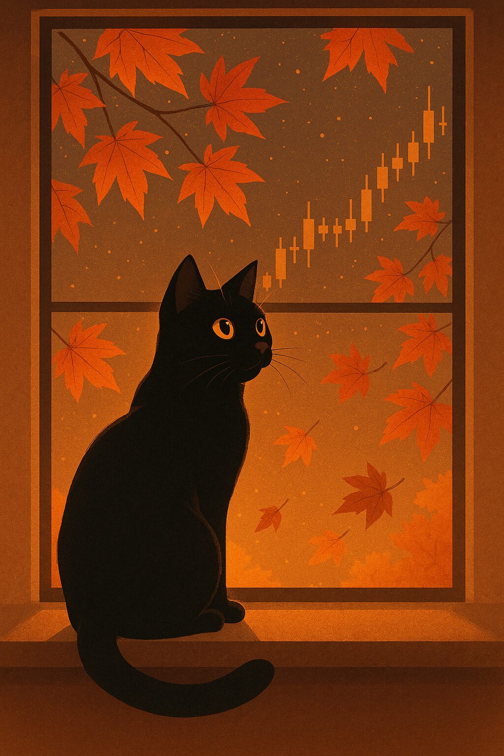 紅葉と黒猫の画像です