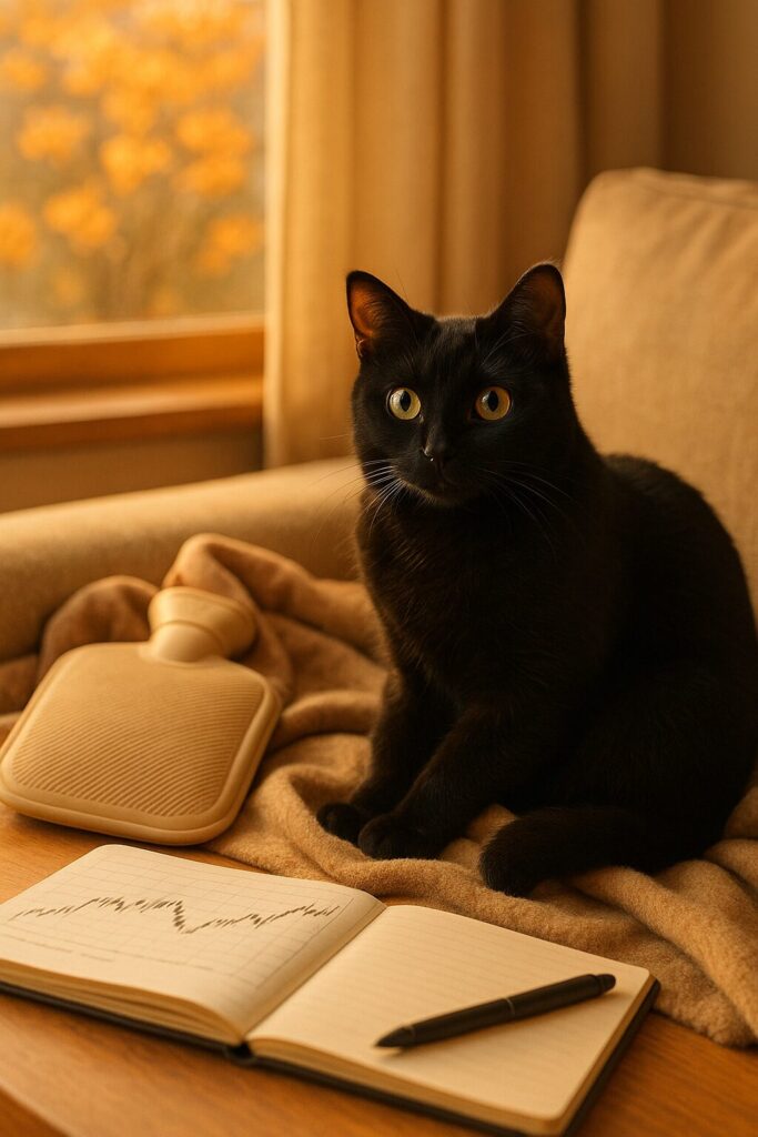 湯たんぽと黒猫の画像です