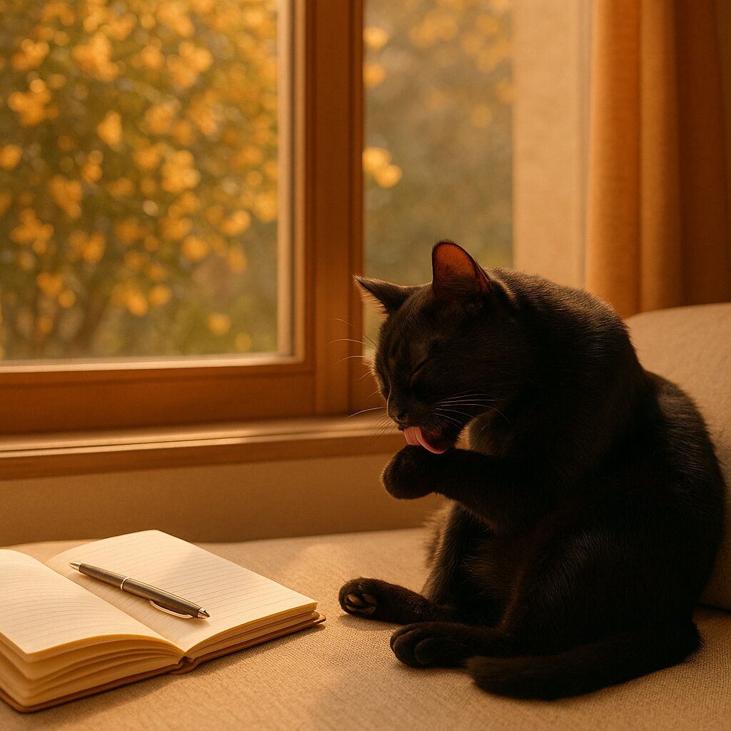 毛づくろいする黒猫の画像