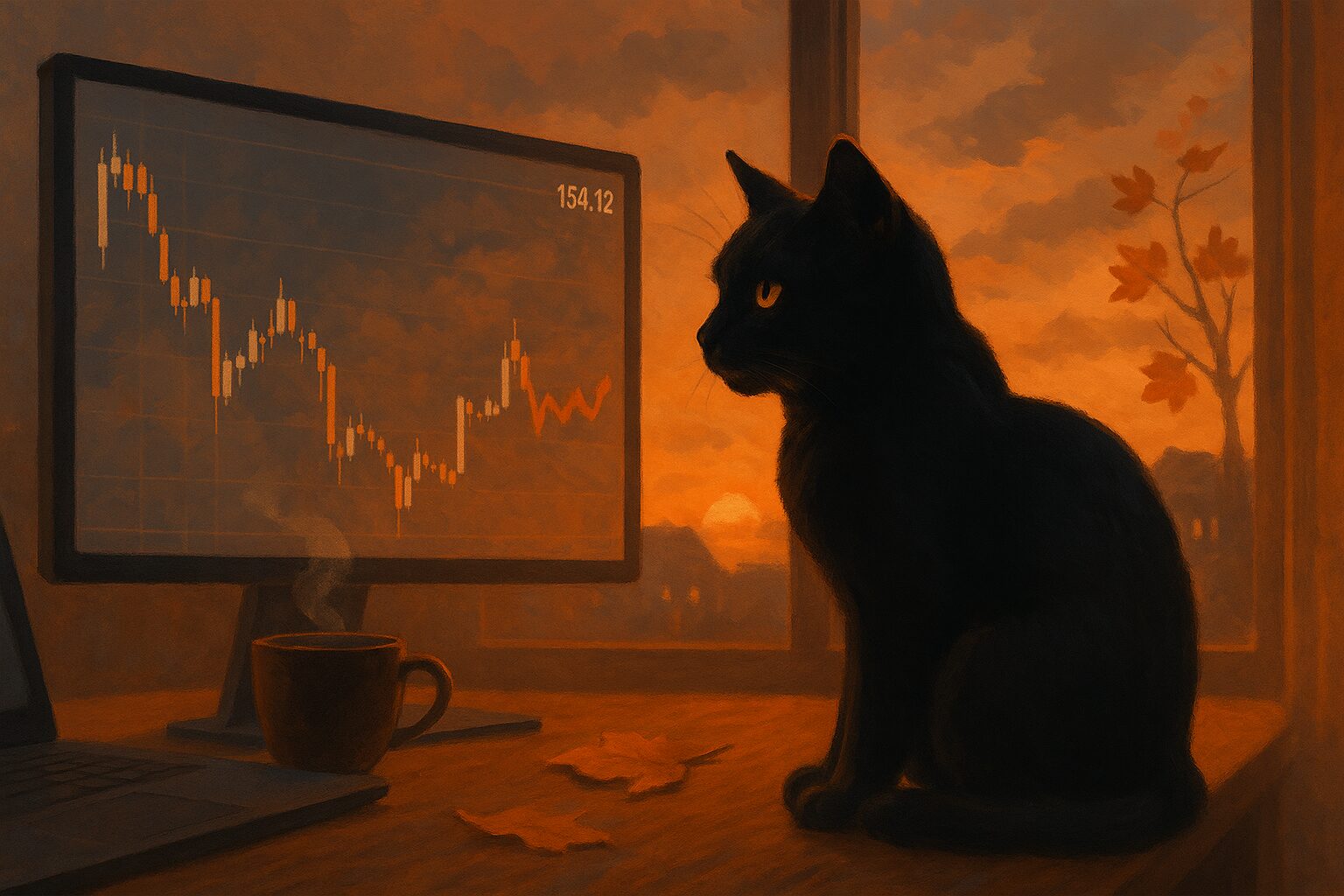 夕焼けと黒猫の画像です