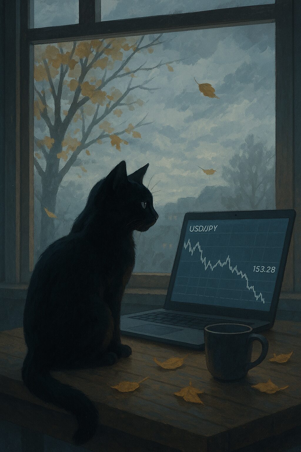 秋の窓辺と黒猫の画像です