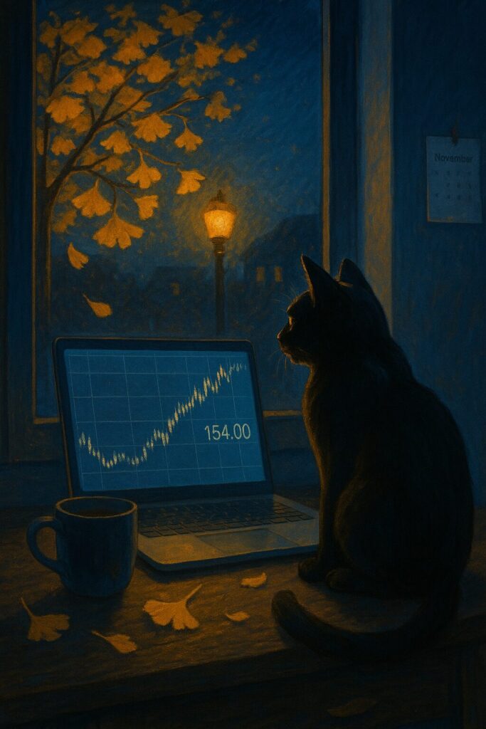 イチョウと黒猫とfxチャートの画像です