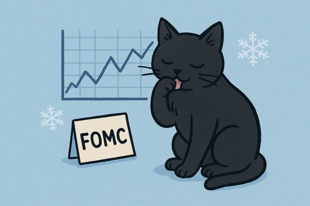 毛づくろいをする黒猫とチャートの画像